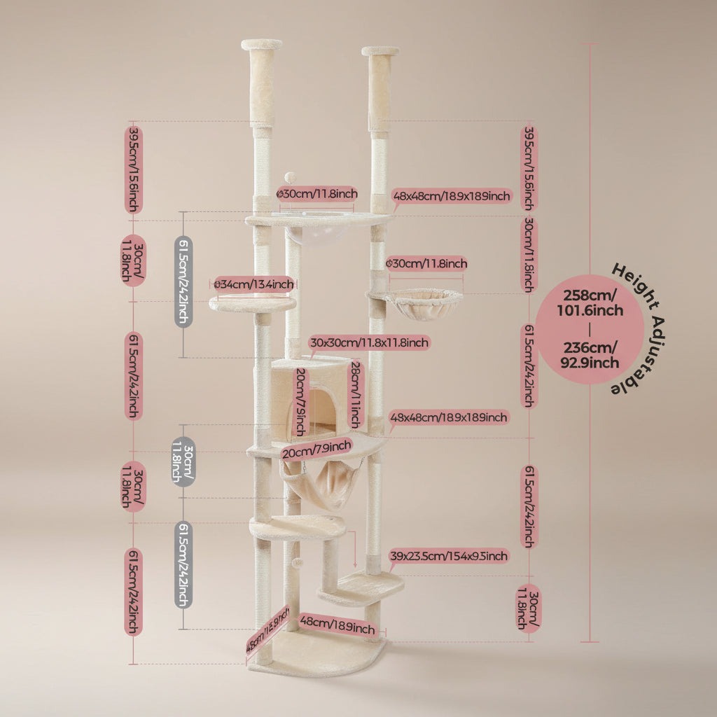 Measurement chart of a beige cat tree with dimensions labeled on a white background