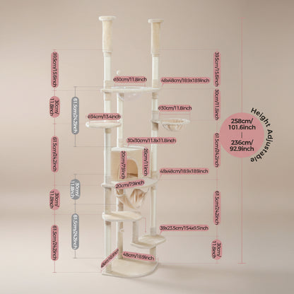 Measurement chart of a beige cat tree with dimensions labeled on a white background