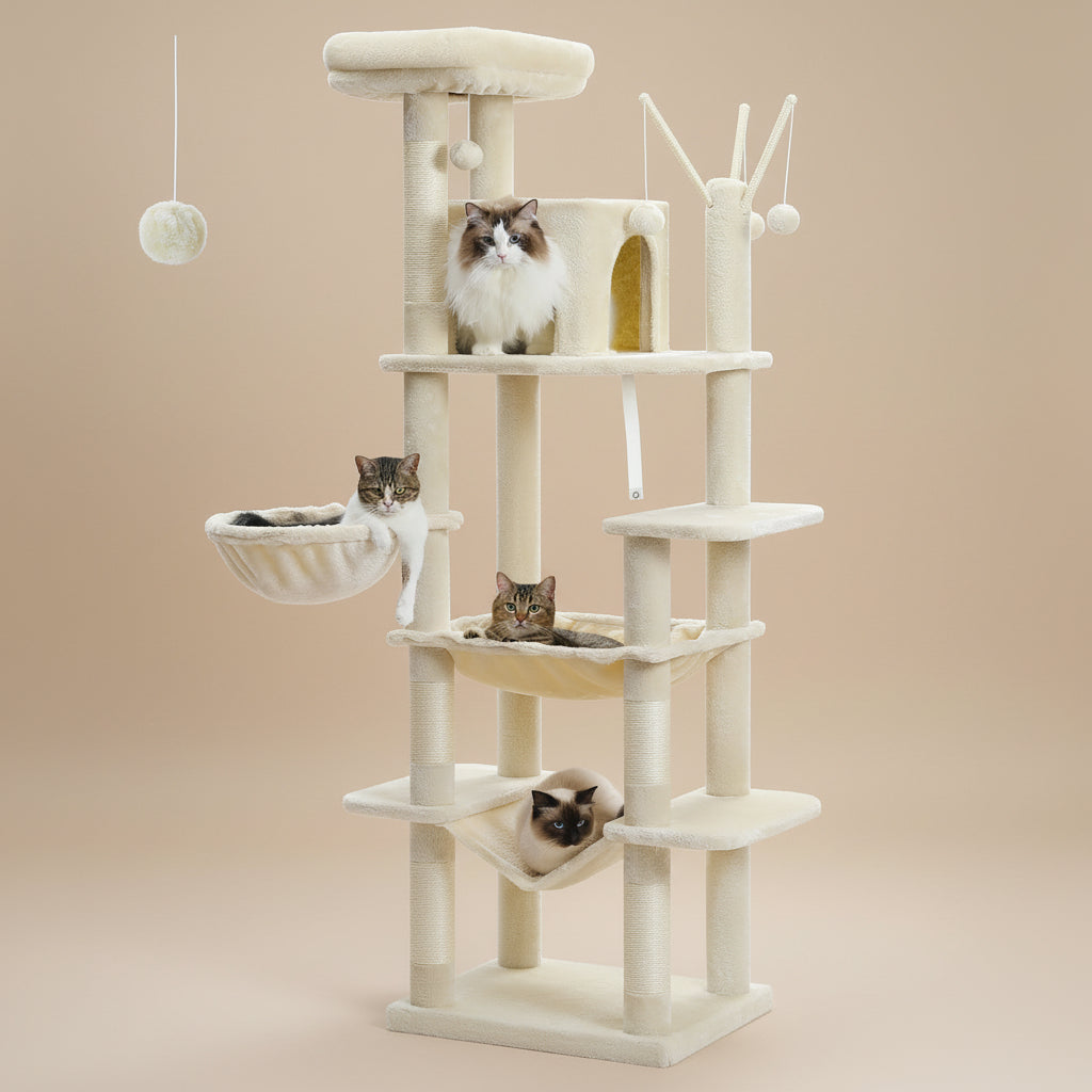 Cat tree with multiple levels and a cat sitting on one of the shelves.