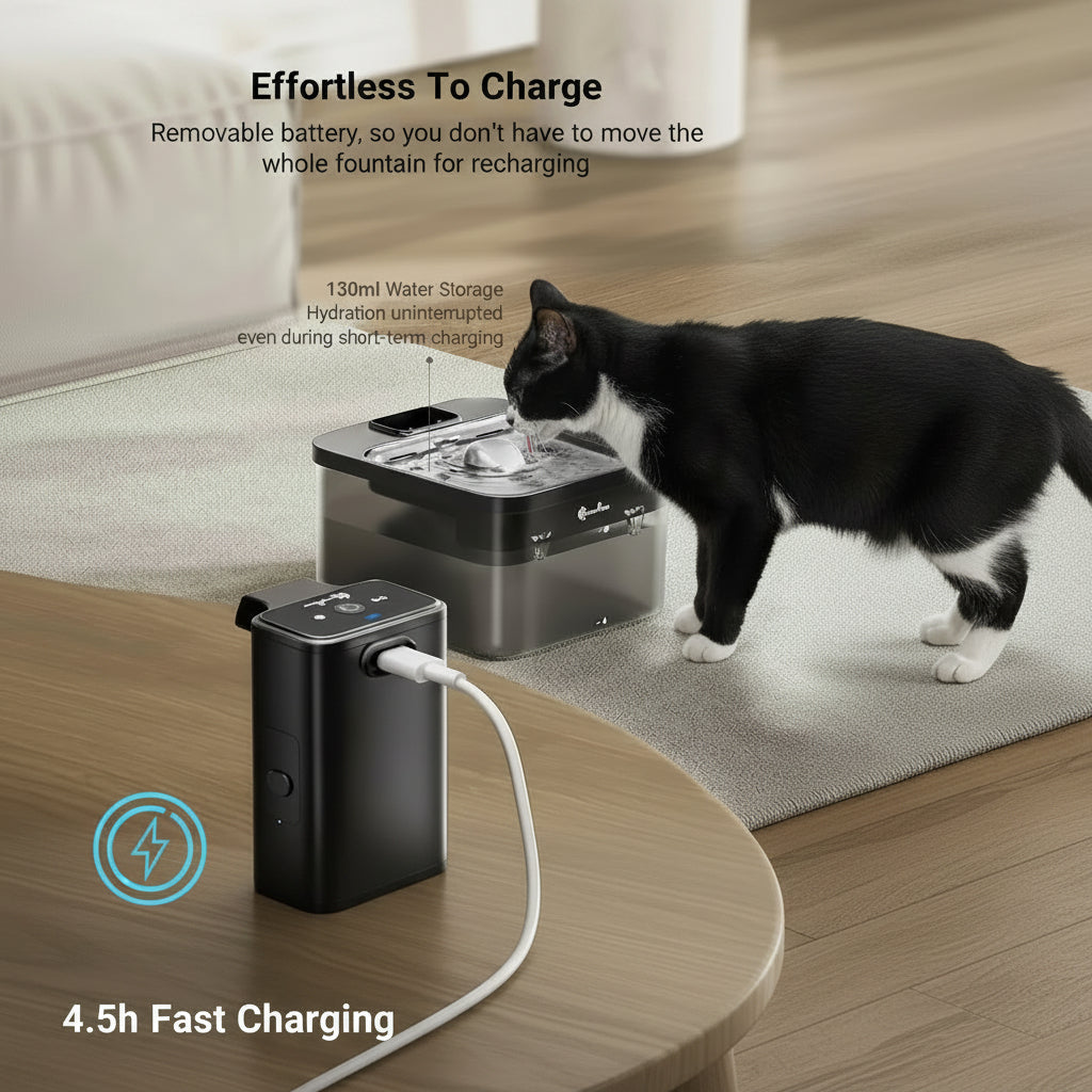 Pet fountain on charging station and cat drinking water from fountain, emphasizing ease of use and charging.