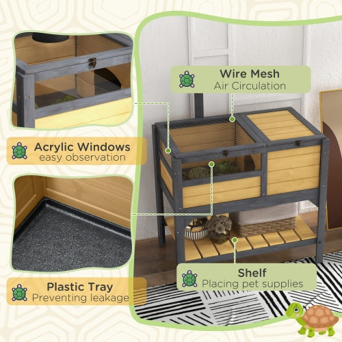 Pet cage with acrylic windows, wire mesh, plastic tray, and shelf features.