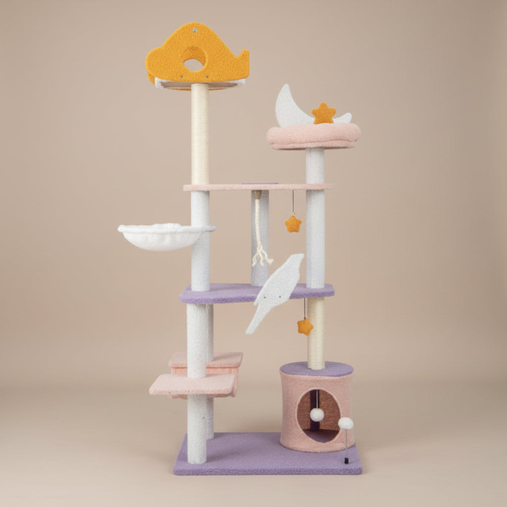Cat tree with multiple levels and toys on a beige background