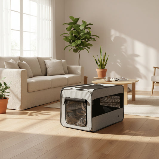 Gray pet carrier with transparent side panels in a living room setting