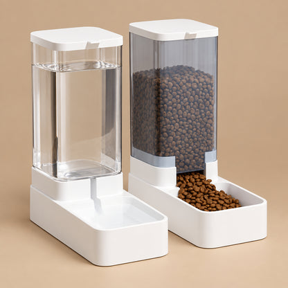 Pet feeding station with water dispenser and food bowl on a beige background.