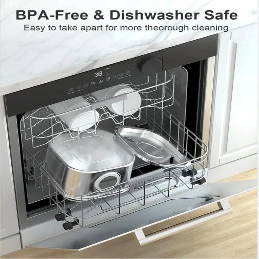 Dishwasher with open door showing clean dishes and text about BPA-free and dishwasher safety.