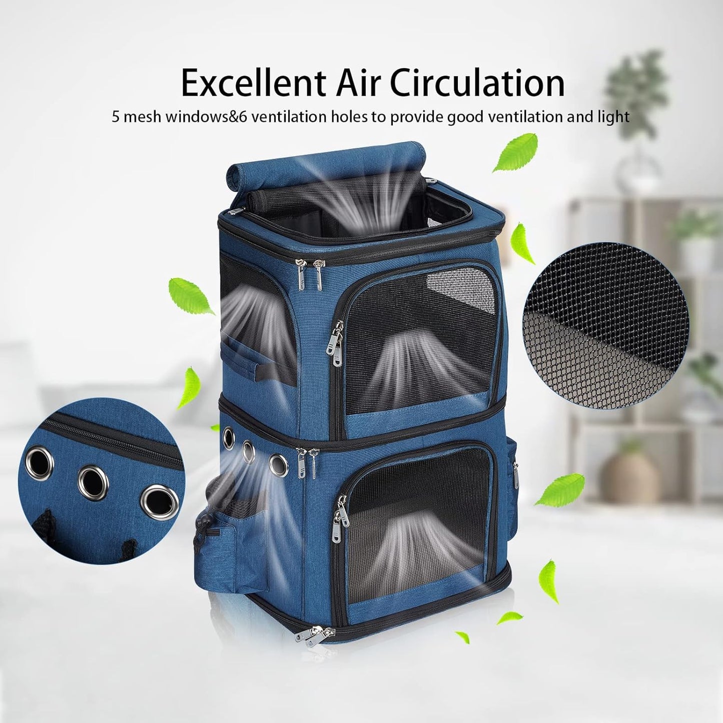 Double-Compartment Pet Carrier Backpack for Small Cats and Dogs, Cat Travel Carrier for 2 Cats, Perfect for Traveling/Hiking/Camping, Blue