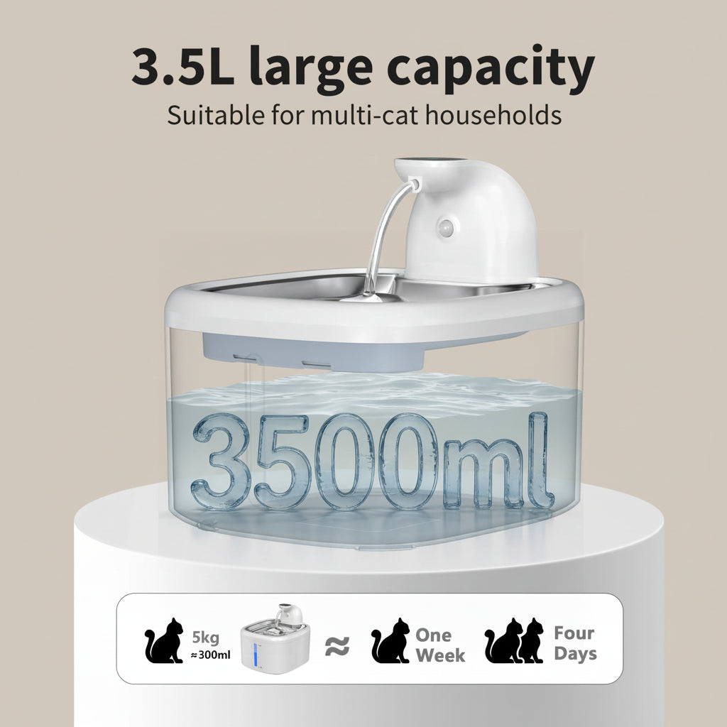 Pet water fountain with 3500ml capacity on a blue water background