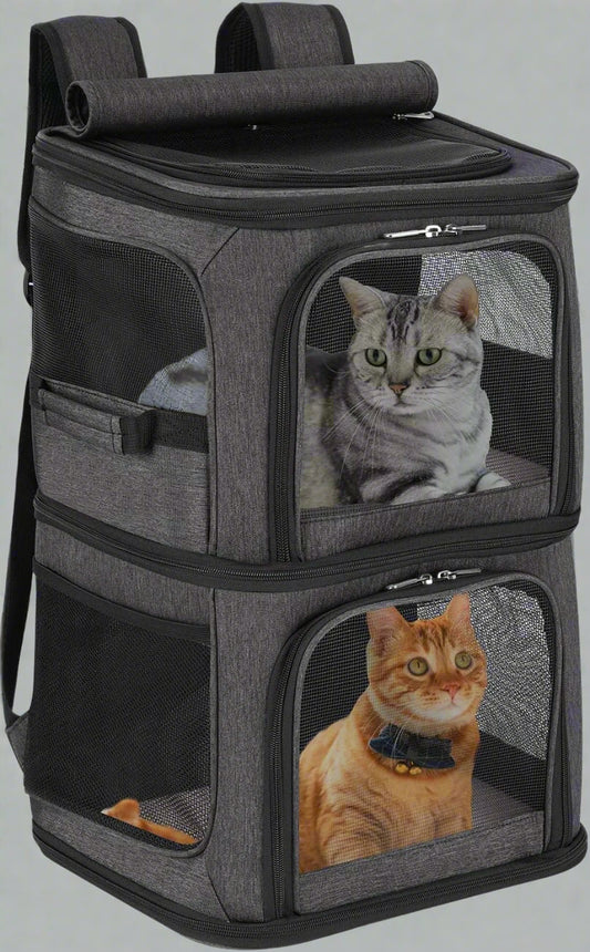 2-In-1 Double Pet Carrier Backpack for Small Cats and Dogs, Portable Pet Travel Carrier, Super Ventilated Design, Ideal for Traveling/Hiking/Camping, Black
