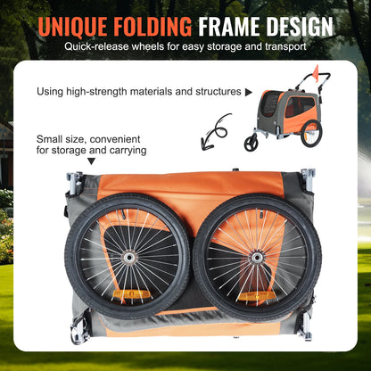 Dog Bike Trailer, Supports up to 66 Lbs, 2-In-1 Pet Stroller Cart Bicycle Carrier, Easy Folding Cart Frame with Quick Release Wheels, Universal Bicycle Coupler, Reflectors, Flag, Orange/Gray