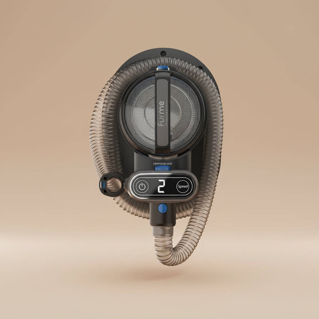 Top view of vacuum with digital display on a beige background