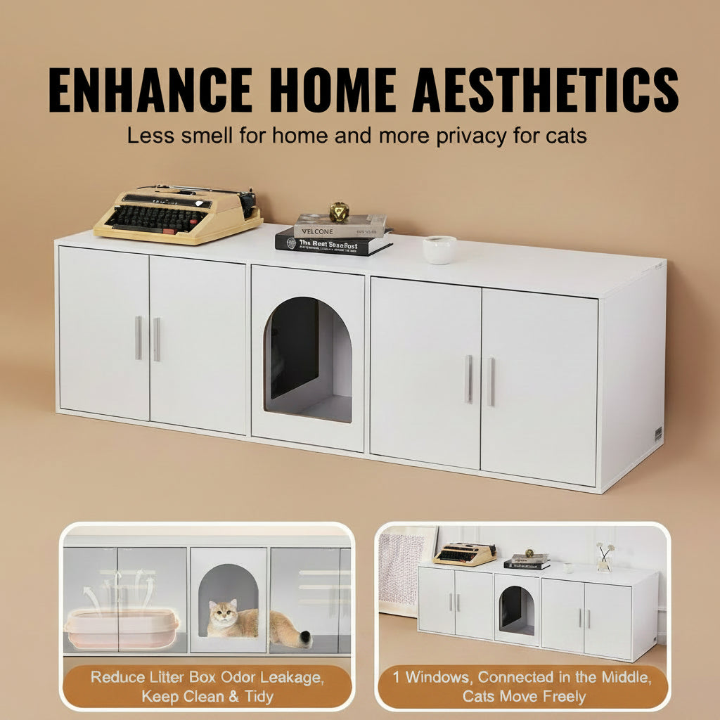 White pet enclosure featuring a cat inside, on a beige background.