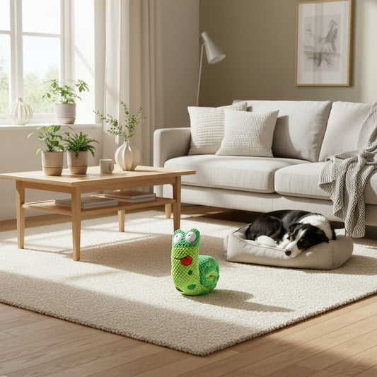 Green crocheted toy with a face in a living room setting with a black and white dog.