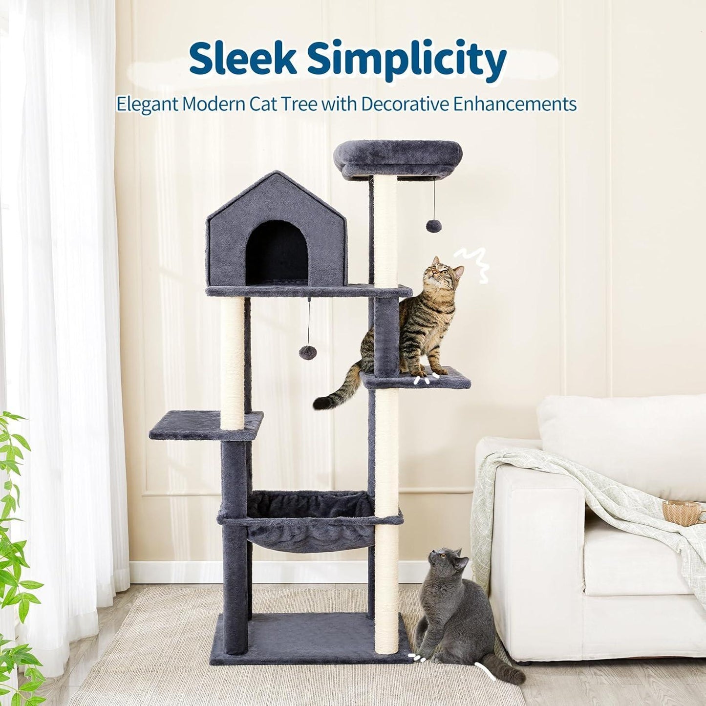 Cat tree with two cats on a light-colored floor and beige wall background