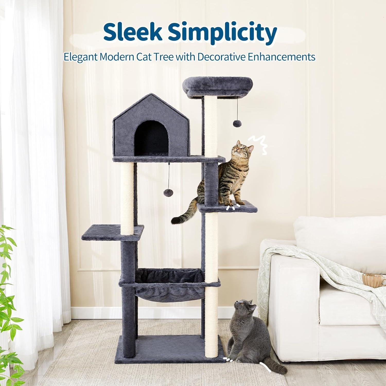 Cat tree with two cats on a light-colored floor and beige wall background