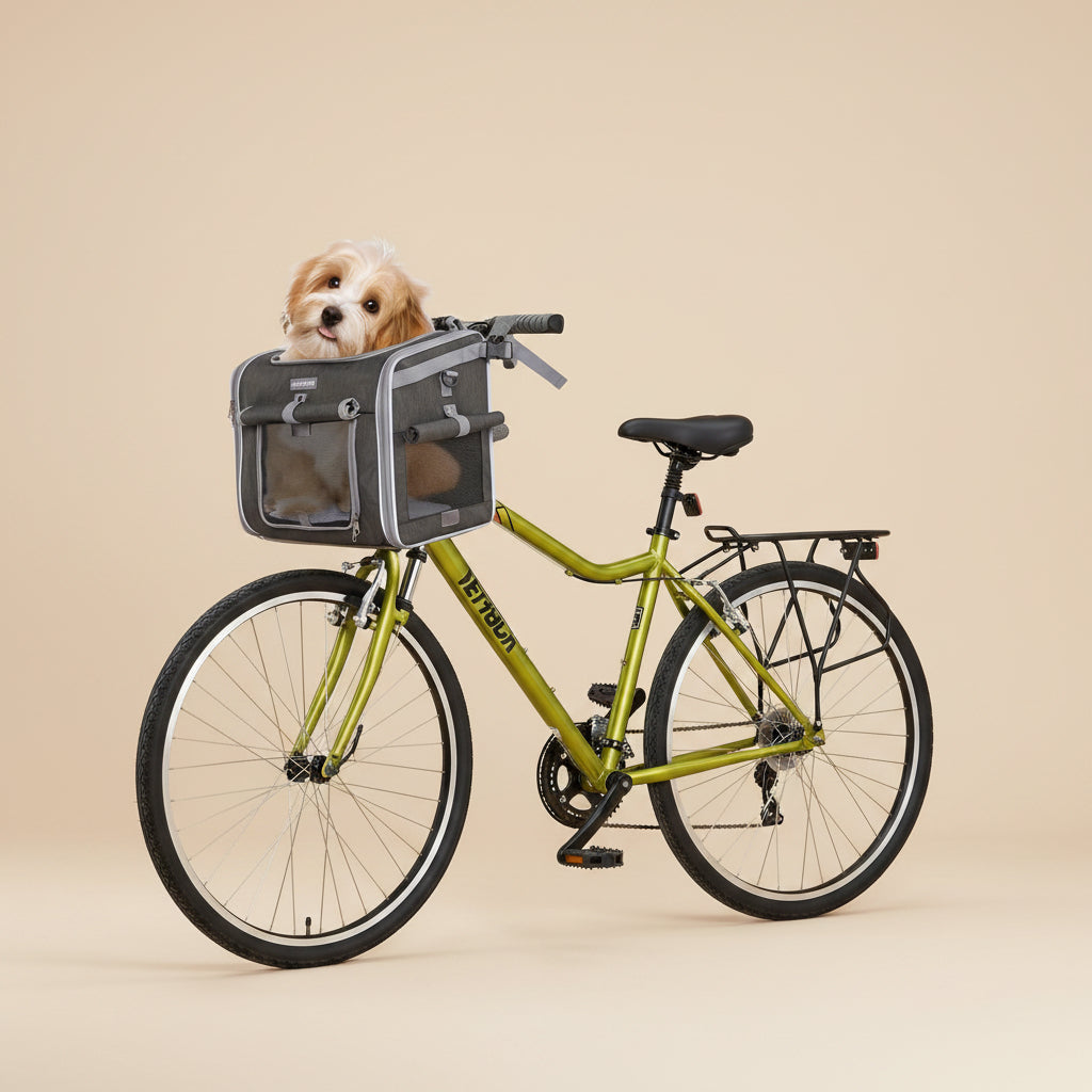 Dog in a gray pet carrier attached to a bicycle with a beige background