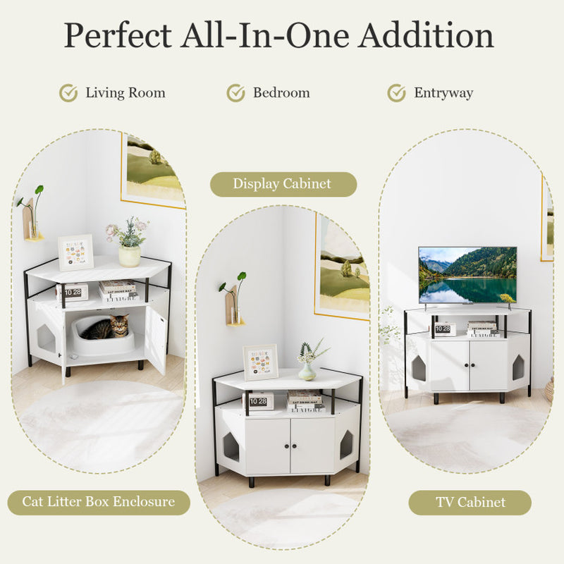Corner Cat Litter Box Enclosure with Open Shelf 2 Entrances and Metal Legs