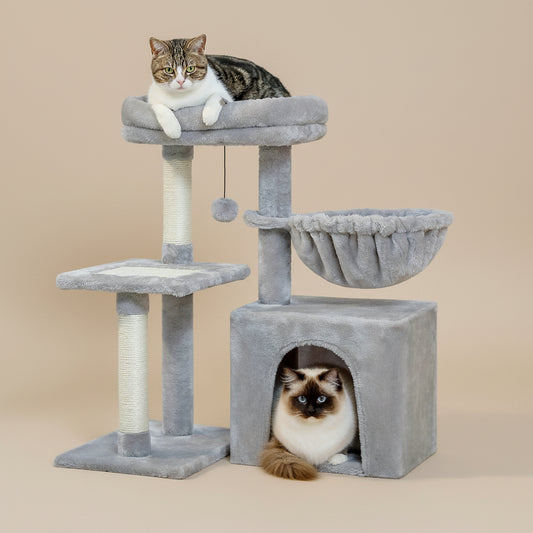 Cat tree with multiple levels and a hanging ball, featuring two cats on a white background.