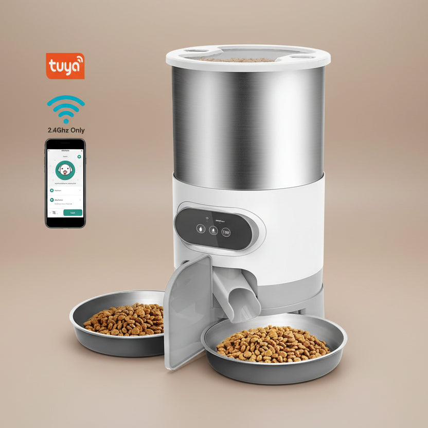 Smart pet feeder with two bowls of food and a smartphone app on a beige background, featuring the Tuya brand.