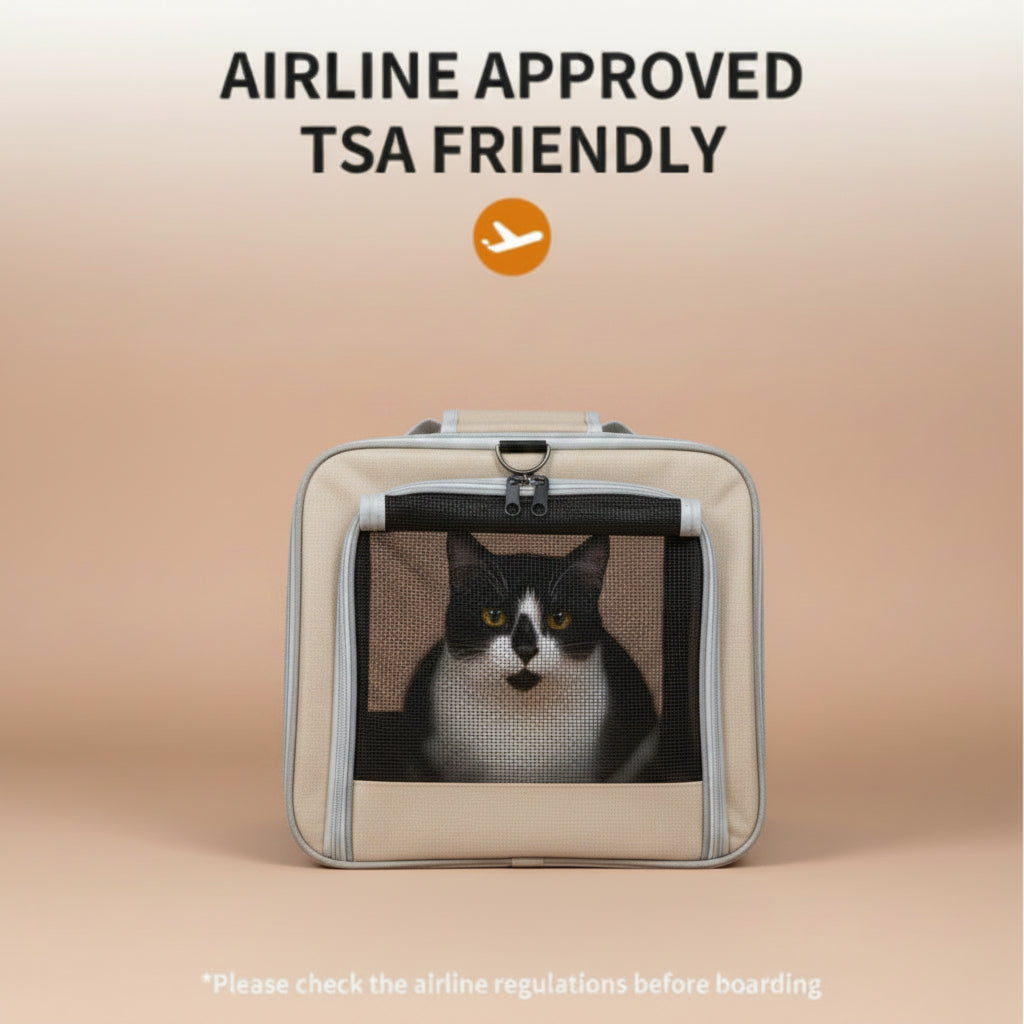 Cat in an airline-approved TSA-friendly pet carrier on a beige background.