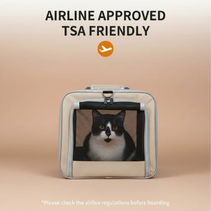 Cat in an airline-approved TSA-friendly pet carrier on a beige background.