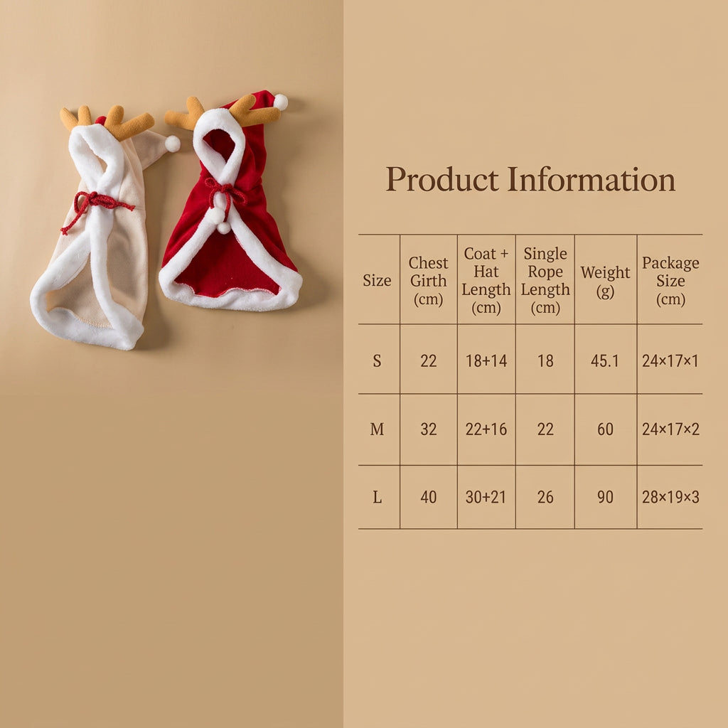 Two knitted reindeer themed hooded cloaks shown on the left and a size chart on the right. The capes are white or red with reindeer antlers, with a size table listing S, M, and L measurements and weights.