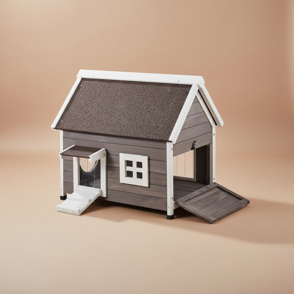 Wooden pet house with an asphalt roof and white trim on a beige background.