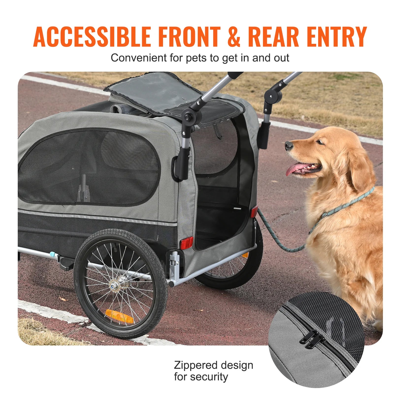 Dog Bike Trailer, Supports up to 88 Lbs, 2-In-1 Pet Stroller Cart Bicycle Carrier, Easy Folding Cart Frame with Quick Release Wheels, Universal Bicycle Coupler, Reflectors, Flag, Black/Gray
