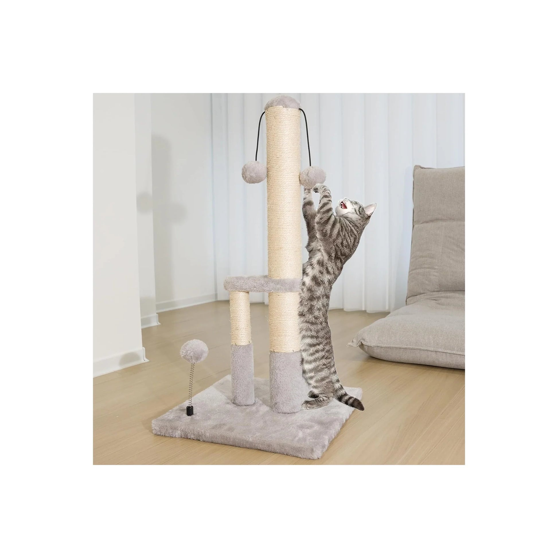 Tall Cat Scratching Post, Double Lower Posts Extra Stable Cat Post Tree Scratcher with Sisal Rope and Teasing 4 Balls Total Large Base