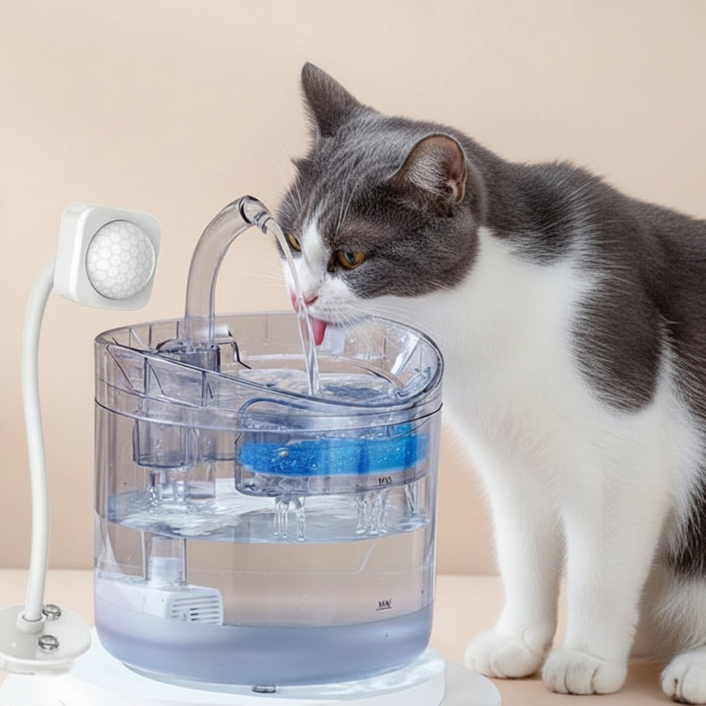 Cat drinking water from a pet water fountain on a beige background