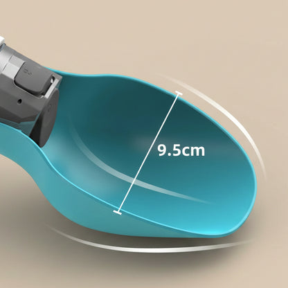 Measurement of a blue pet bowl with a black handle on a beige background