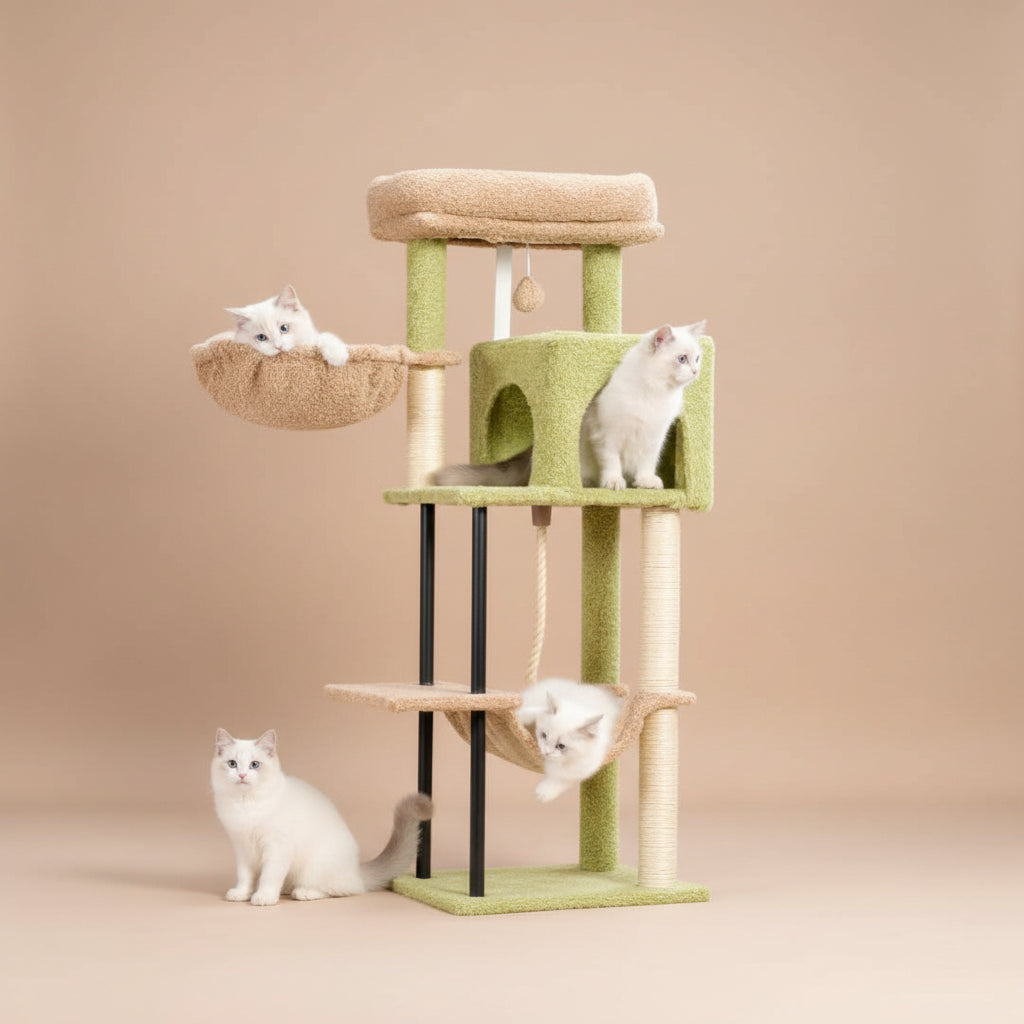 Cat tree with multiple levels and a hammock on a beige background