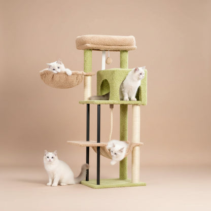 Cat tree with multiple levels and a hammock on a beige background