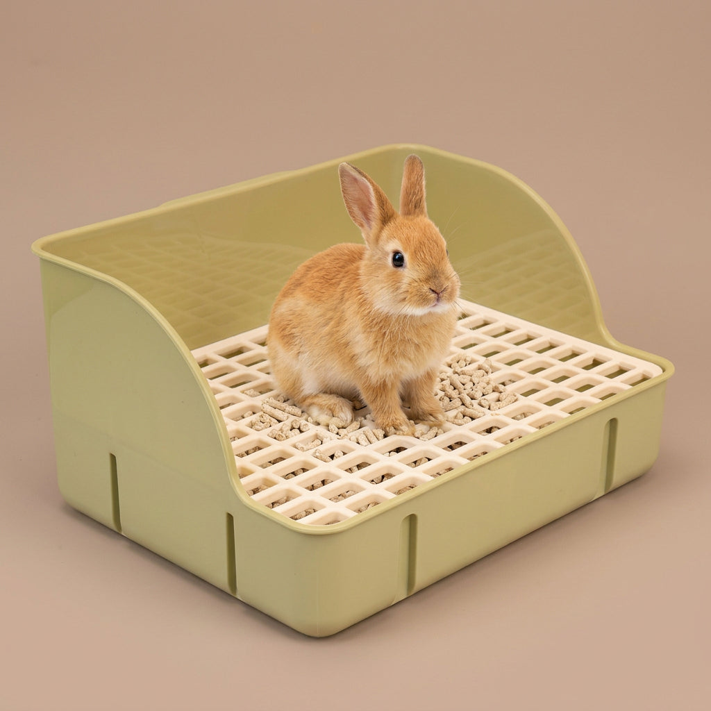 Small rabbit inside a green pet litter tray on a beige background.