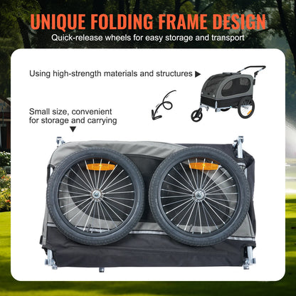 Dog Bike Trailer, Supports up to 88 Lbs, 2-In-1 Pet Stroller Cart Bicycle Carrier, Easy Folding Cart Frame with Quick Release Wheels, Universal Bicycle Coupler, Reflectors, Flag, Black/Gray