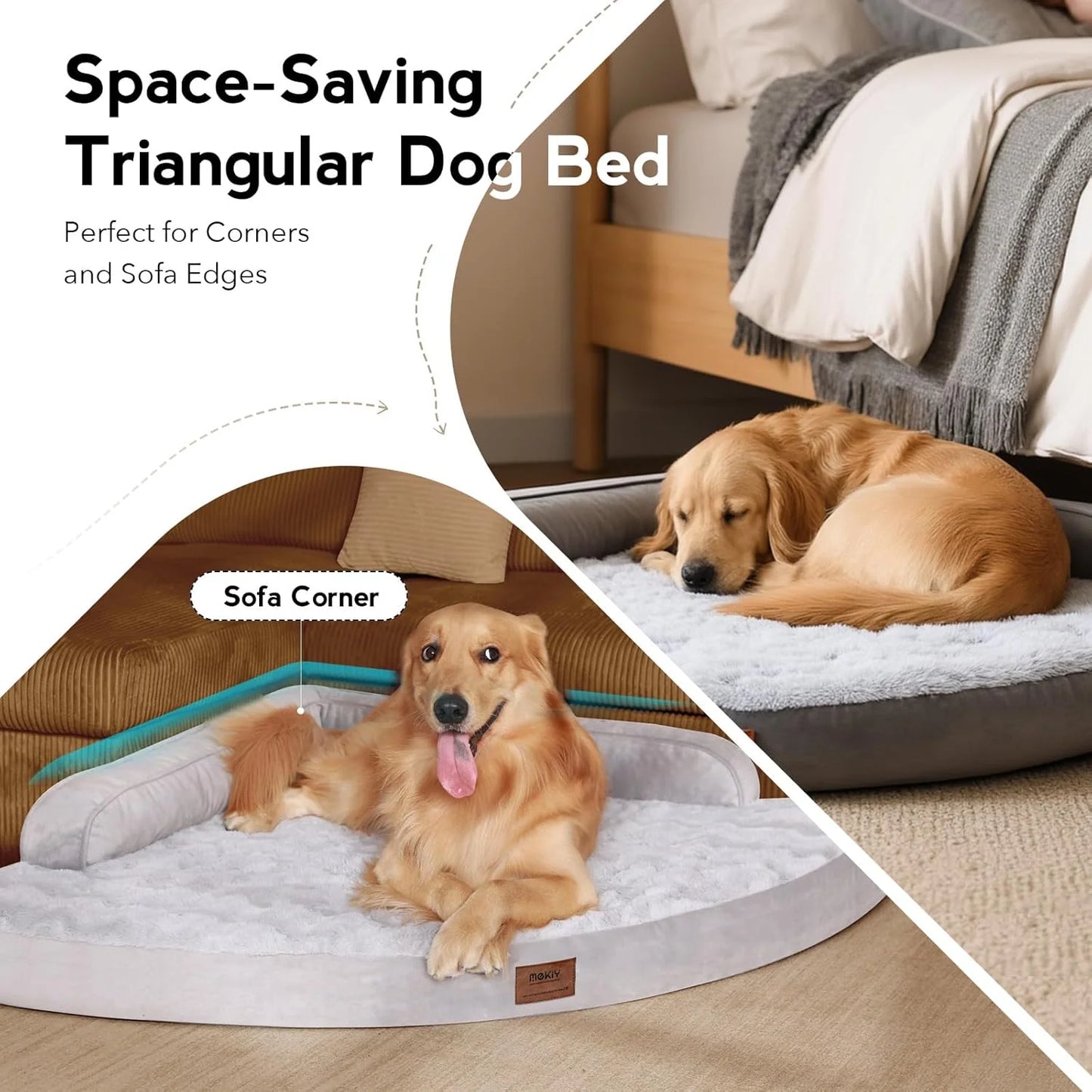 Triangular dog bed being used in a corner of a room with a dog lying on it.