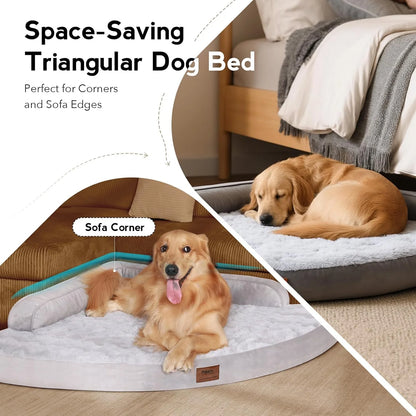 Triangular dog bed being used in a corner of a room with a dog lying on it.