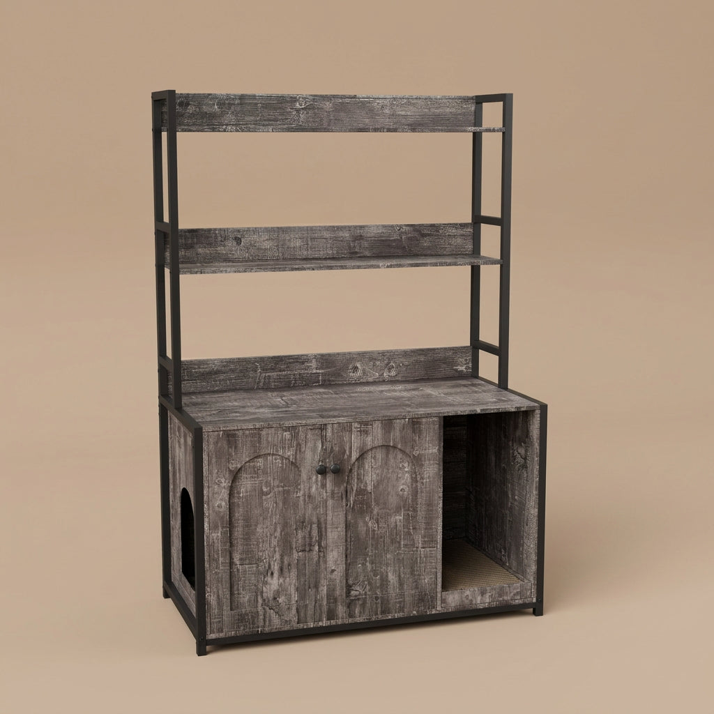 Wooden cat enclosure cabinet with shelf center with metal frame on a beige background