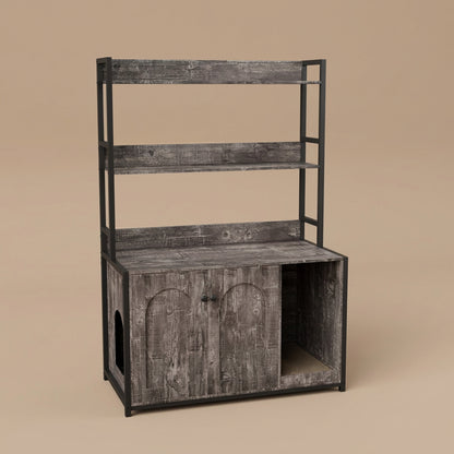 Wooden cat enclosure cabinet with shelf center with metal frame on a beige background