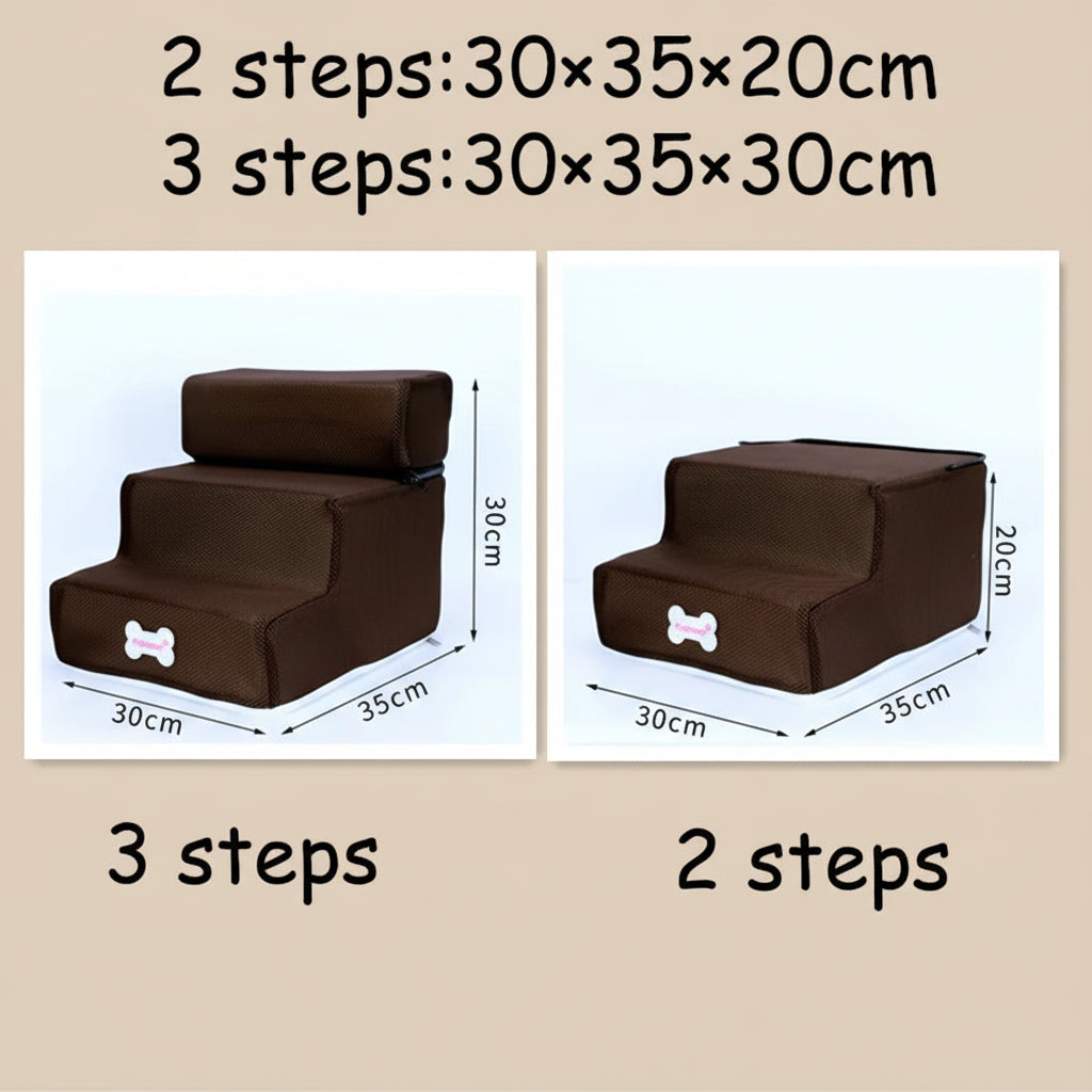 Brown pet steps with dimensions labeled on a white background