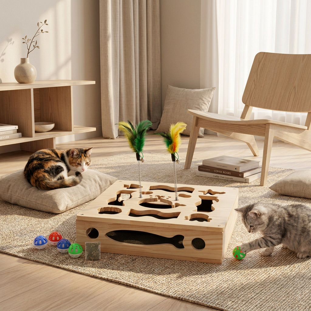 A wooden cat puzzle toy with nail file inside. Box has cutout shapes and two feather wands is shown with two cats interacting with it in a living room. Small colored balls and a small accessory are displayed along the bottom to insert inside the box to encourage play.