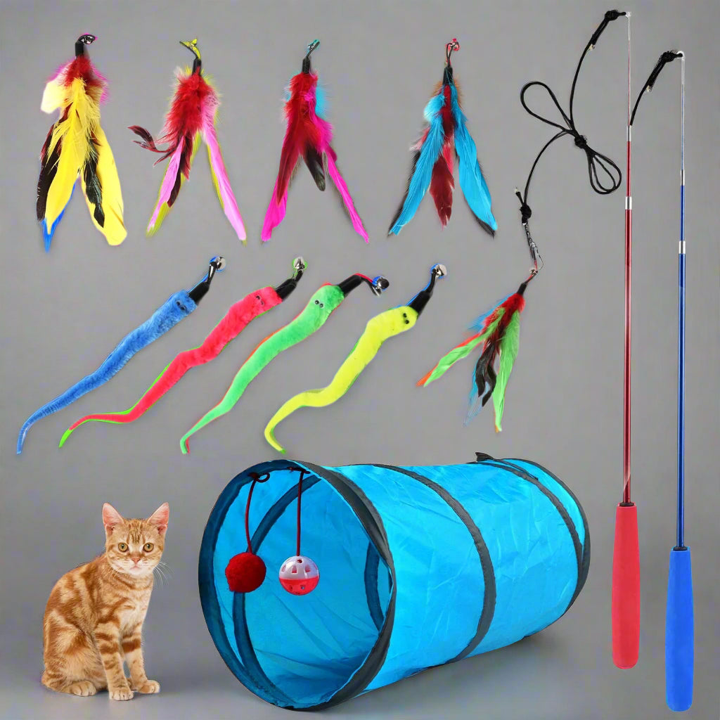 12-Piece Interactive Cat Feather Toy Set with Wands & Tunnel, Multicolor (2 Pack)