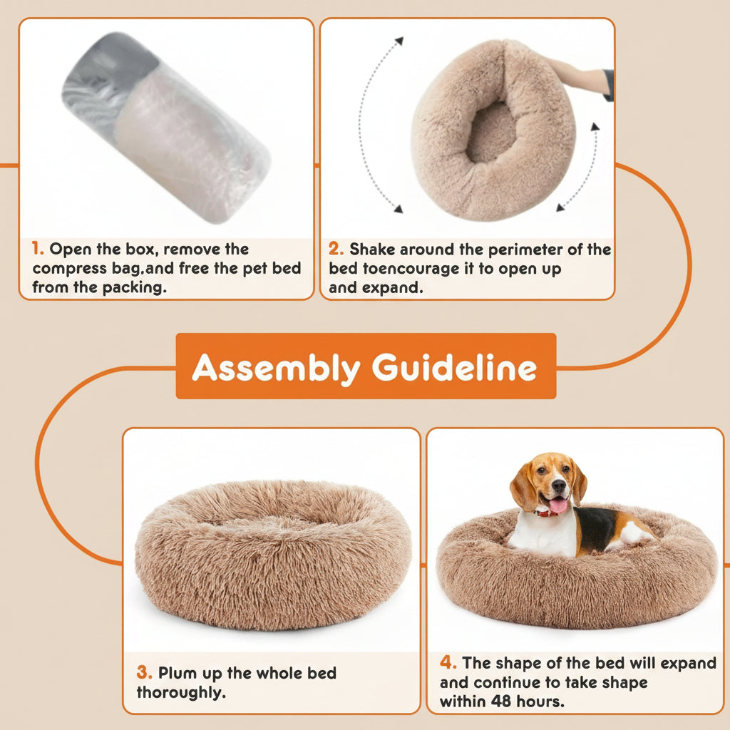 Assembly guideline for a fluffy pet bed with step-by-step instructions and images.