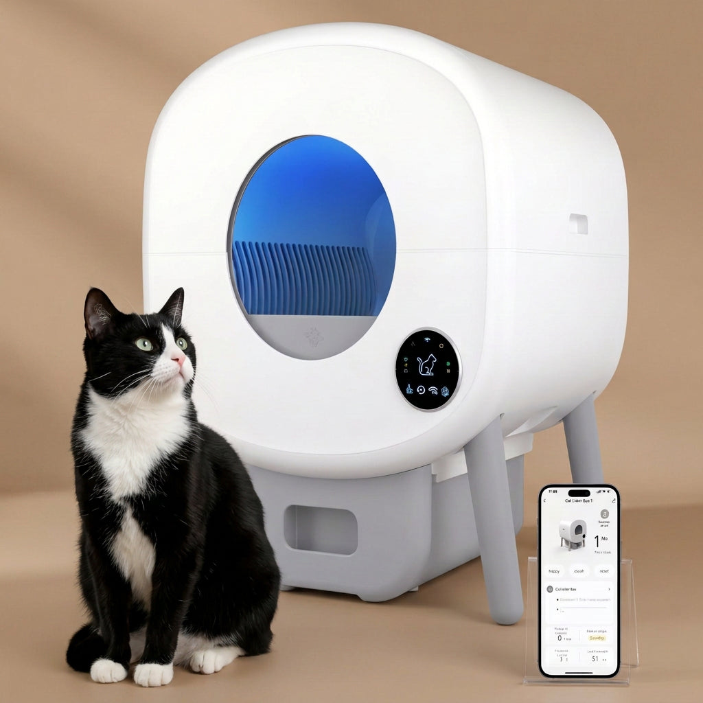 A white automatic cat litter box with a blue interior light and a small digital control panel, shown on a white background with a fluffy cream-colored cat sitting beside it and a smartphone app screen displayed at lower right.