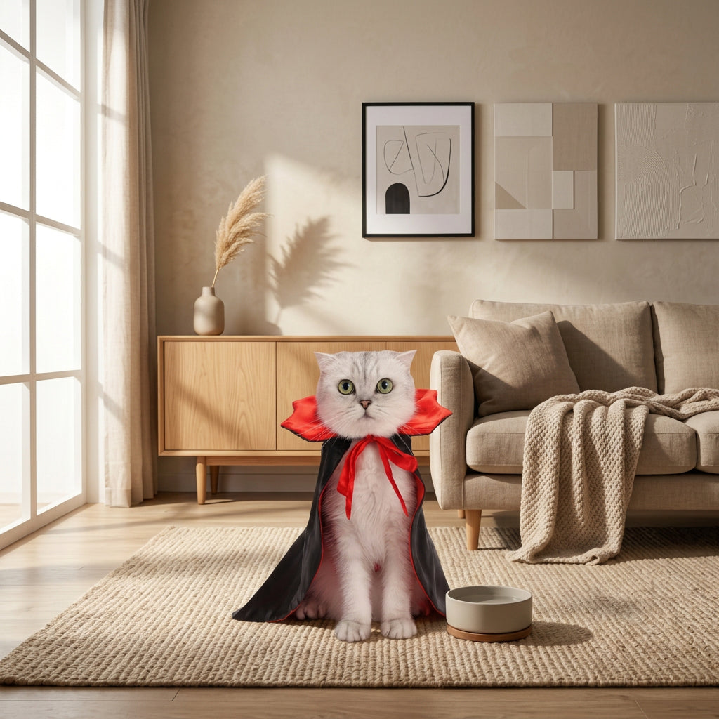 Cat in a Halloween costume in a liing room setting