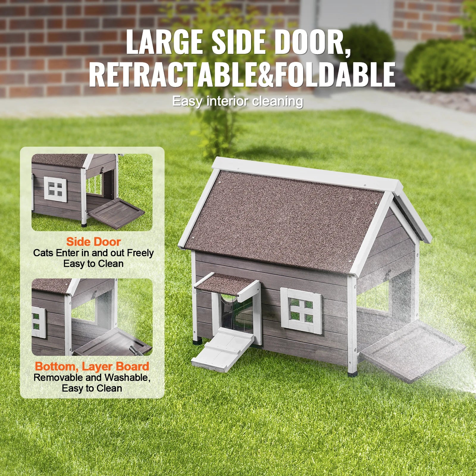 Cat house with large side door, retractable and foldable features on a grassy background.