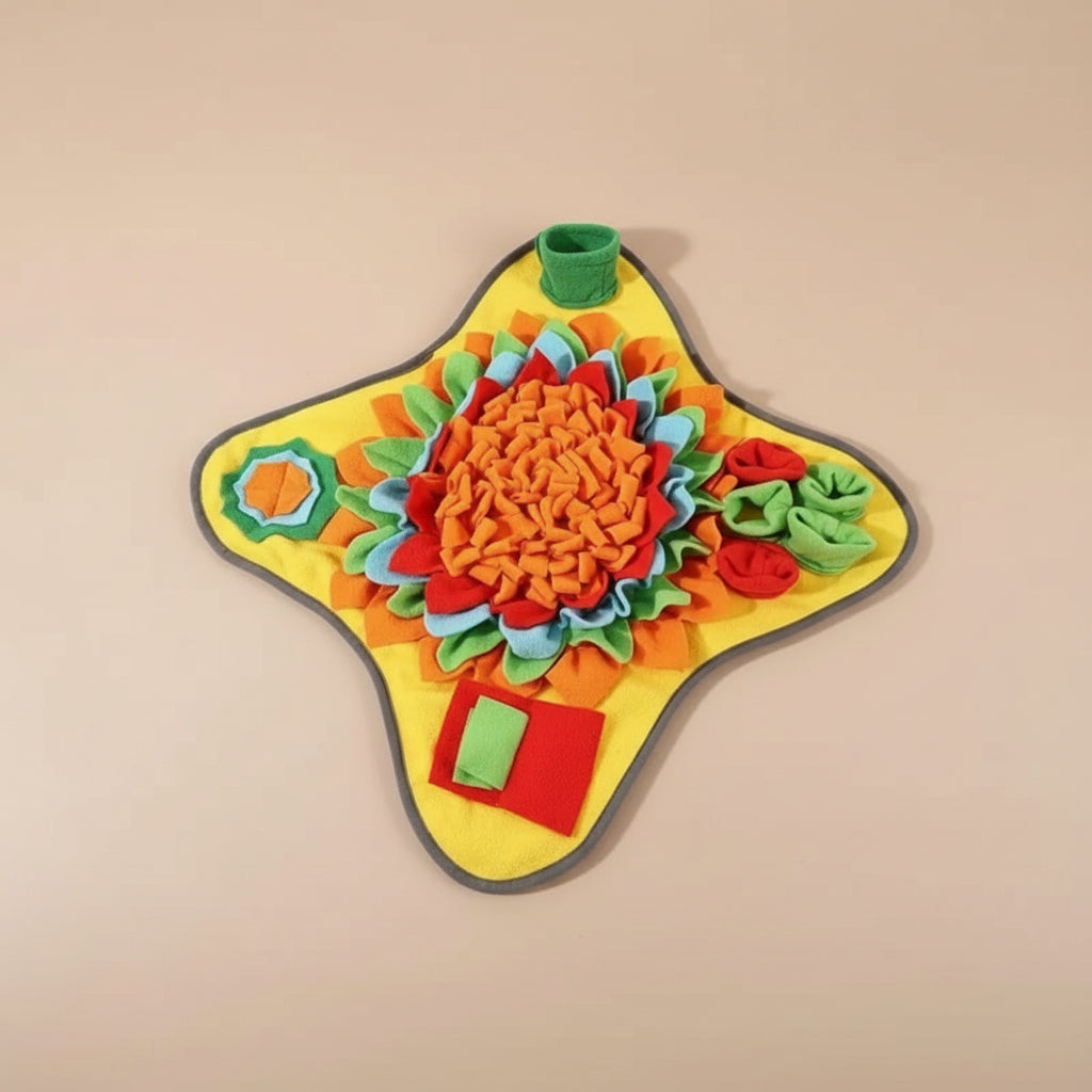 Colorful star-shaped pet toy with a floral design on a white background