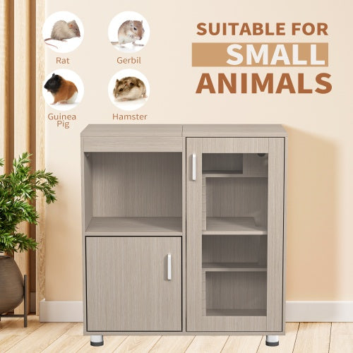 Wooden cabinet suitable for small animals with illustrations of rat, gerbil, guinea pig, and hamster on a beige wall.
