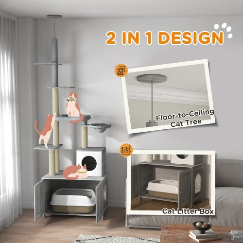 PawHut Cat Tree with Litter Box Enclosure - 2 in 1 Floor to Ceiling Cat Tower Litter Box Furniture with Condo, Bed, Hammock, Scratching Posts, and Platforms for Indoor Use, Gray