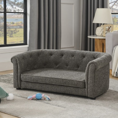 Contemporary Pet Sofa with Arc-Shaped Backrest - Breathable Linen Dog Couch with Button-Tufted Design