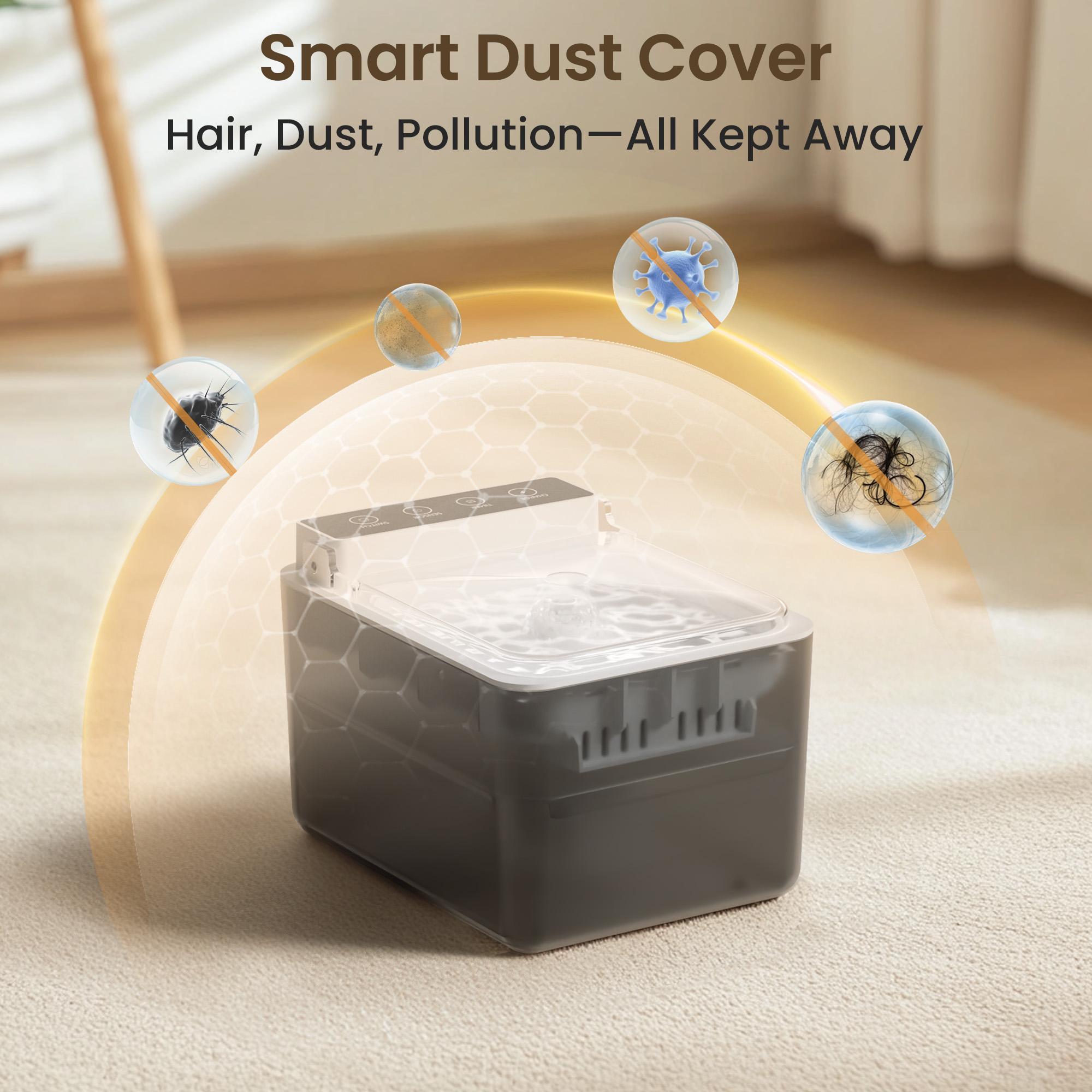 Smart dust cover device on a carpet with text indicating it keeps hair, dust, and pollution away.